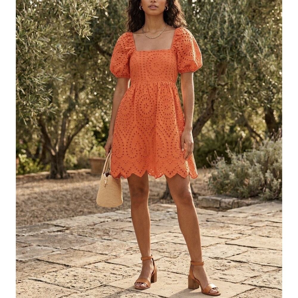 Tuckernuck Hyacinth House Orange Eyelet Mini Puff Sleeve Cottagecore Boho Small